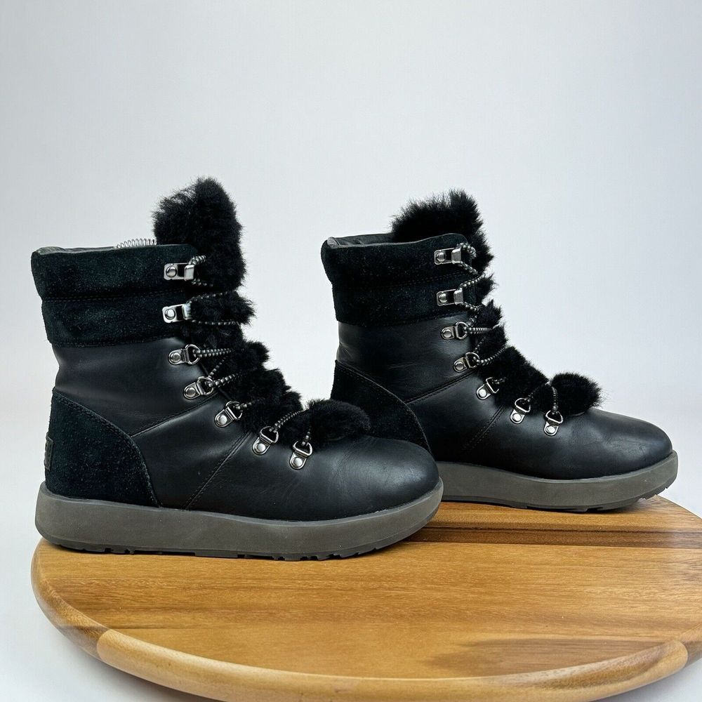 Ugg Australia Viki Black Leather Waterproof Vibram Fur Lace Up Mid Boots Size 7